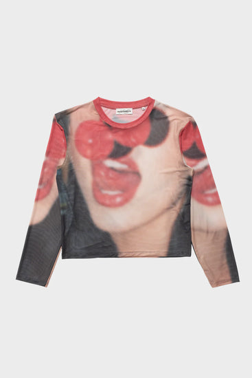 Long sleeve mesh top with bold photo print of red lips and cherries on a light background
