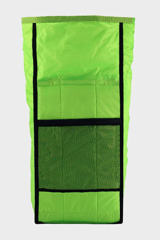 Bright green fabric storage organizer with black mesh pocket and trim on a plain background