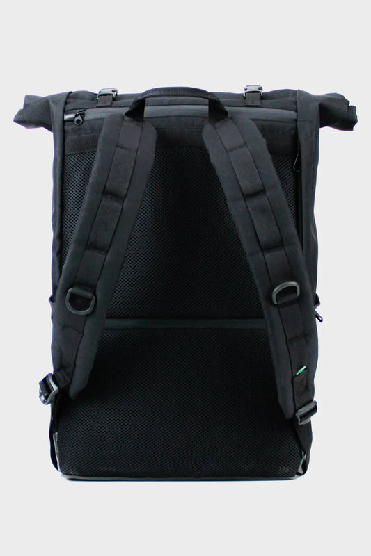 Black backpack with padded shoulder straps and roll-top design, rear mesh panel visible